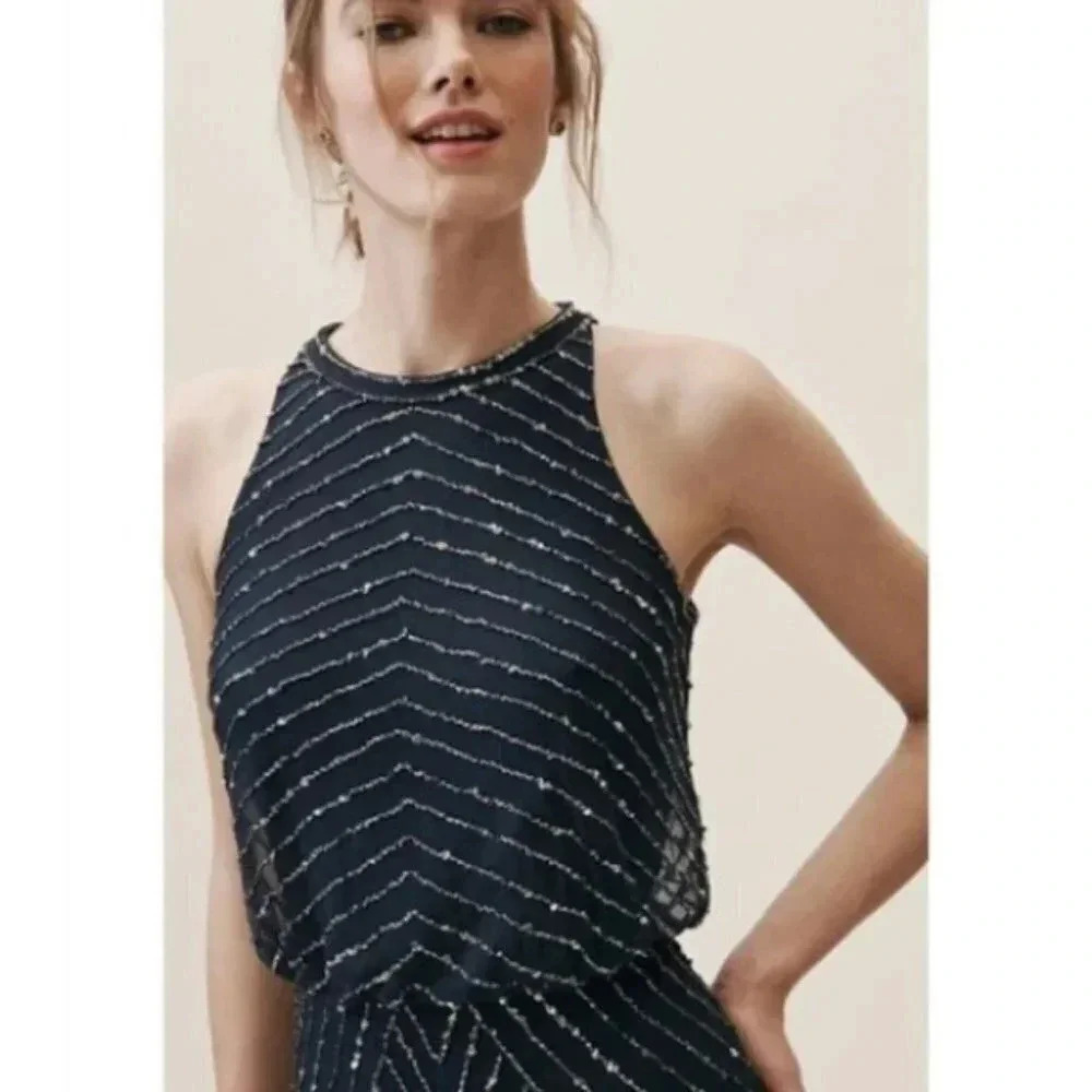 NWT Anthropologie BHLDN Adrianna Papell Madigan Dress Navy Beaded Maxi Wedding
